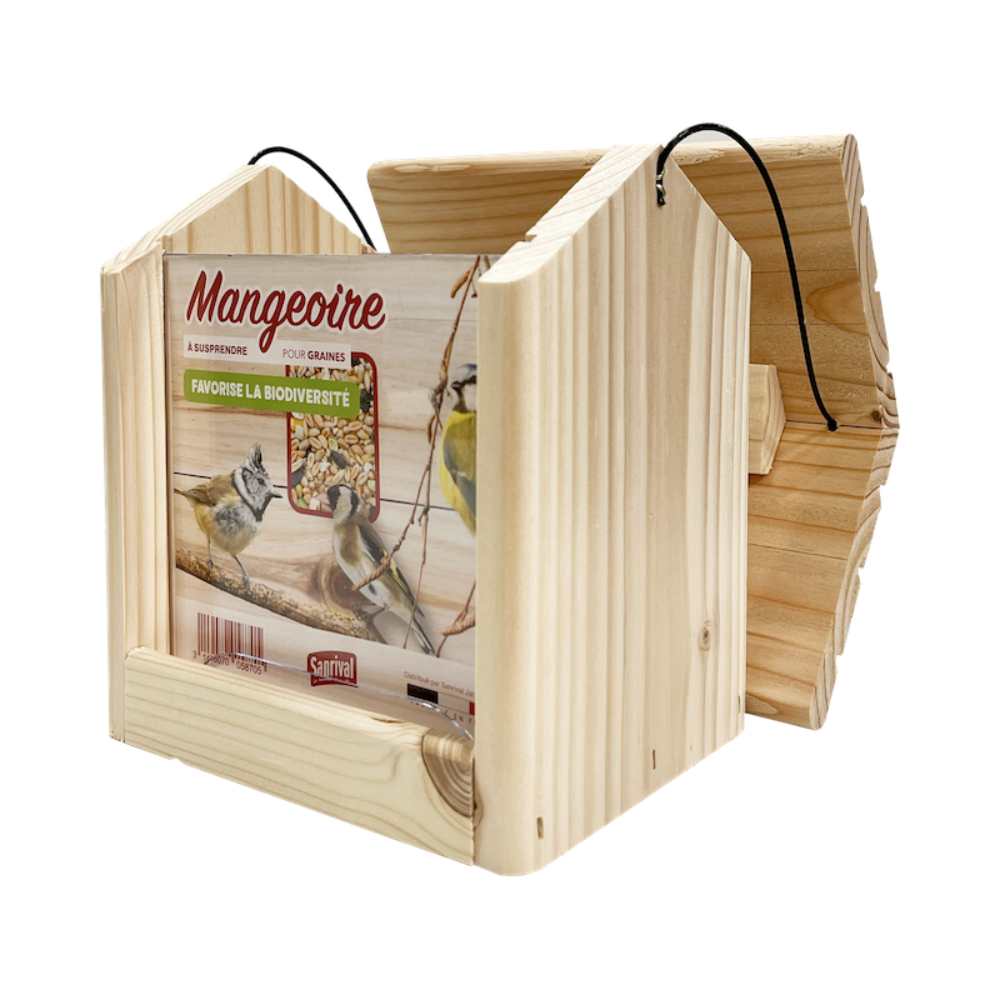 Mangeoire graines en bois à suspendre pour oiseaux du jardin _la jardinerie de Pessicart Nice 06100