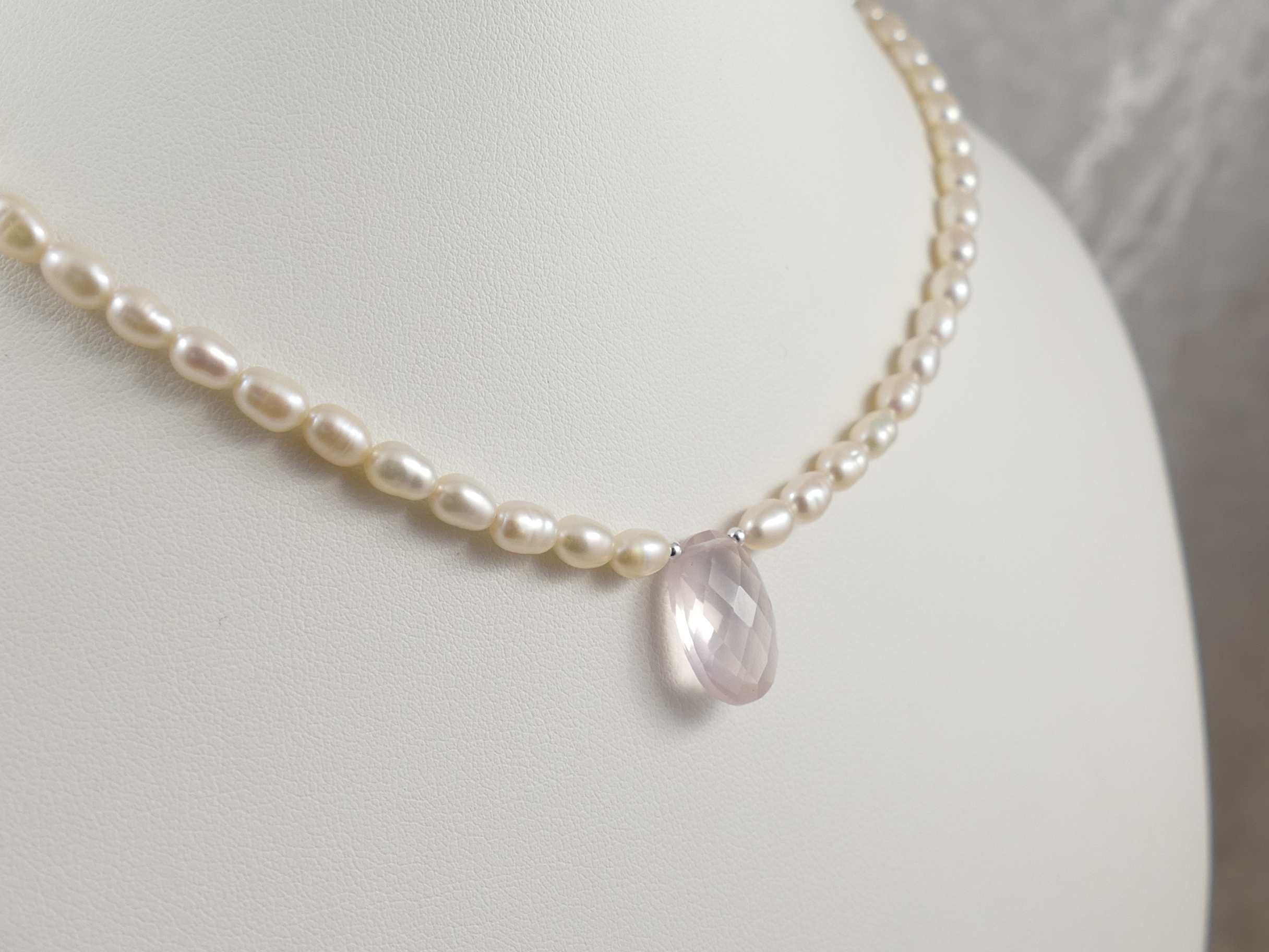 collier quartz rose naturel et perle de culture sur argent 925