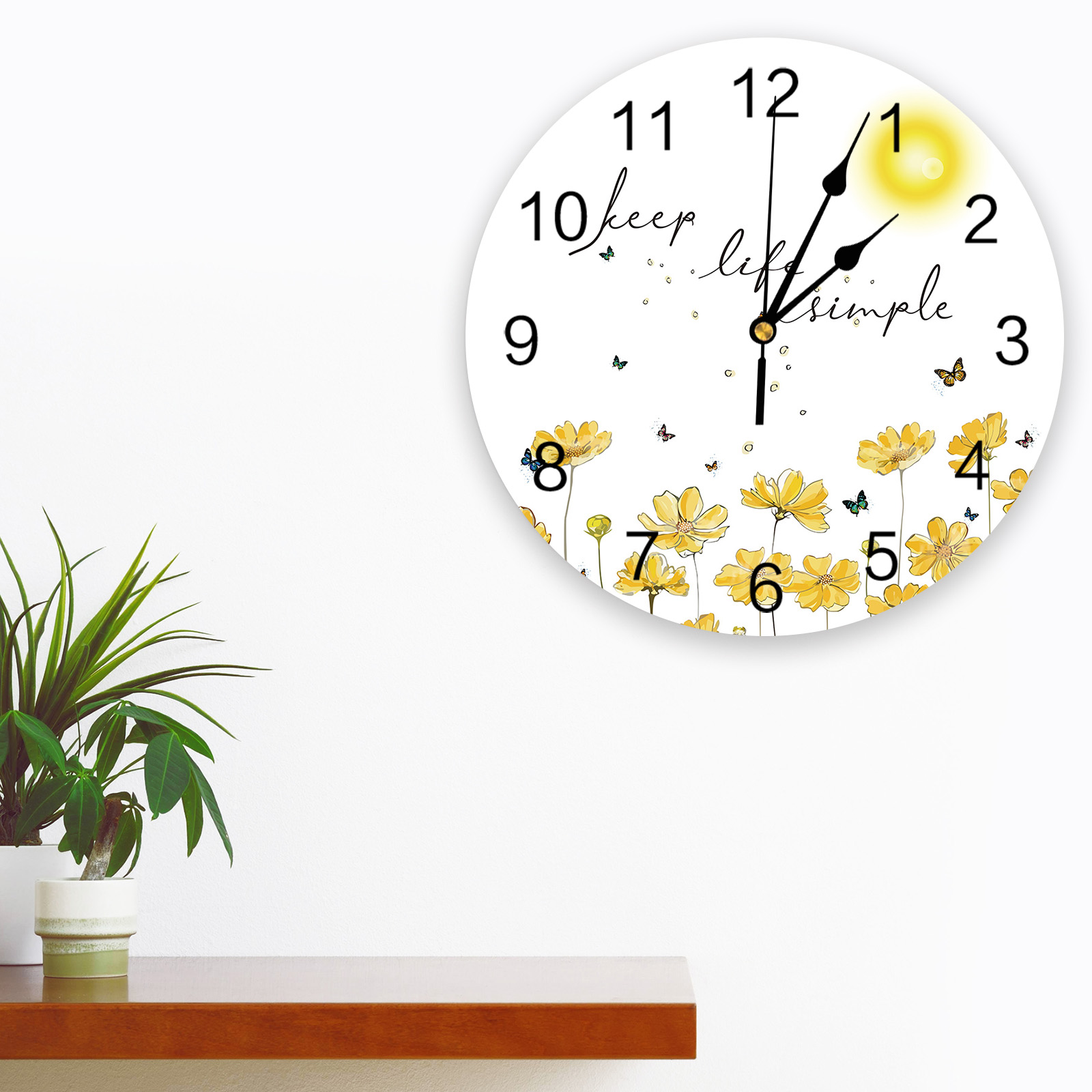 Horloge-murale-ronde-en-forme-de-papillon-motifs-de-fleurs-de-soleil-et-de-lettres-dessin