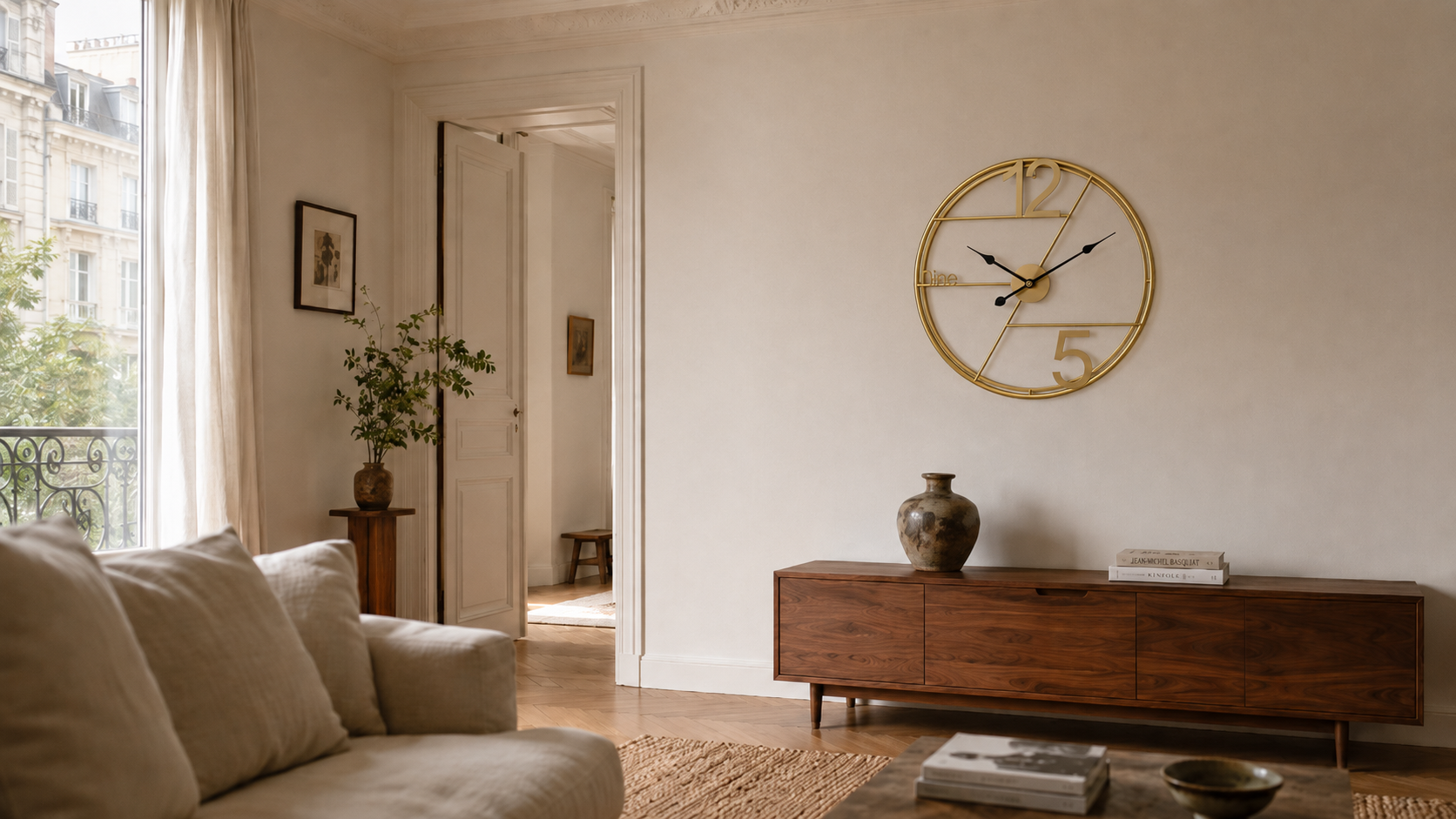 Horloge murale en bois accrochée au mur d'un salon clair