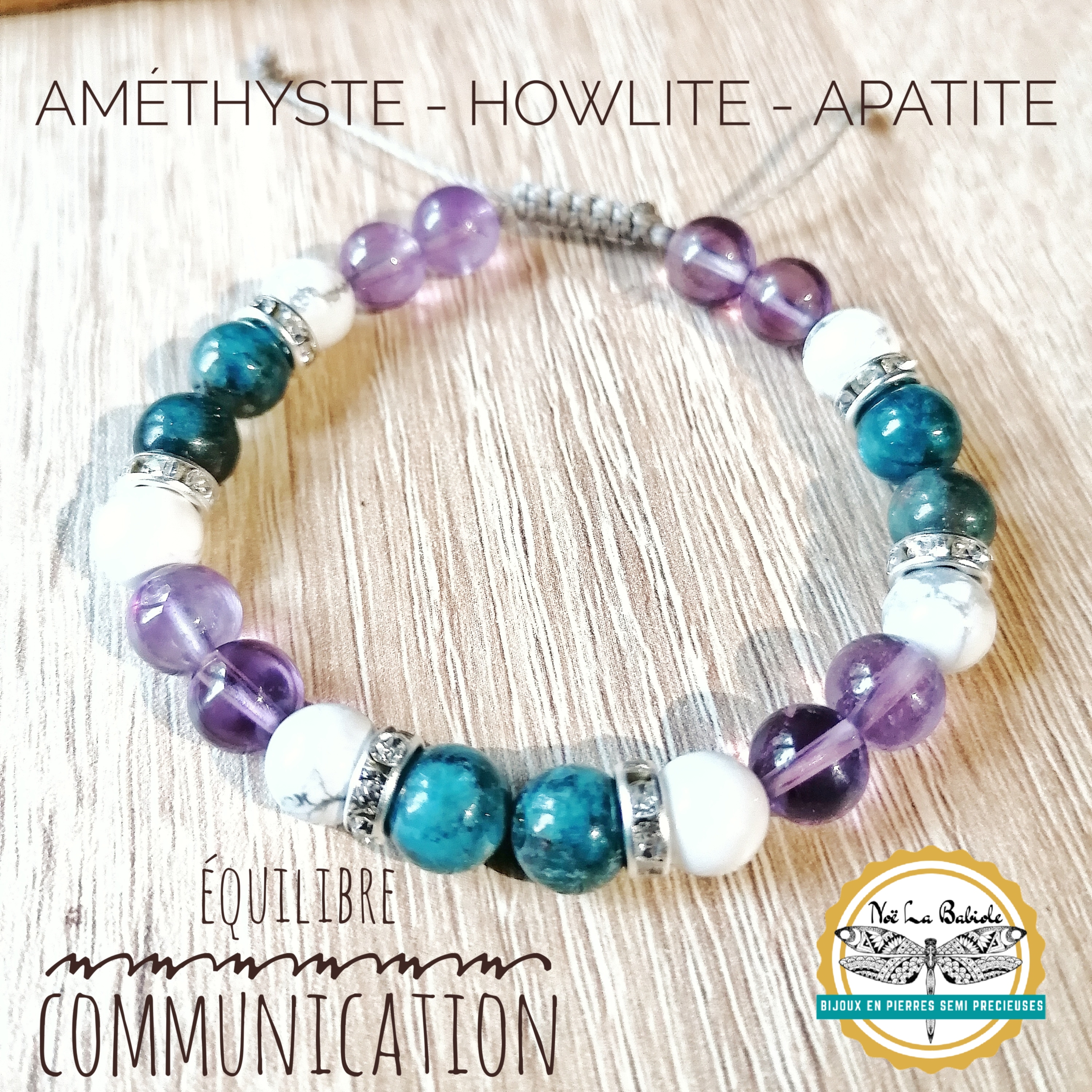 Bracelet Equilibre & Communication en Améthyste, Howlite et Apatite