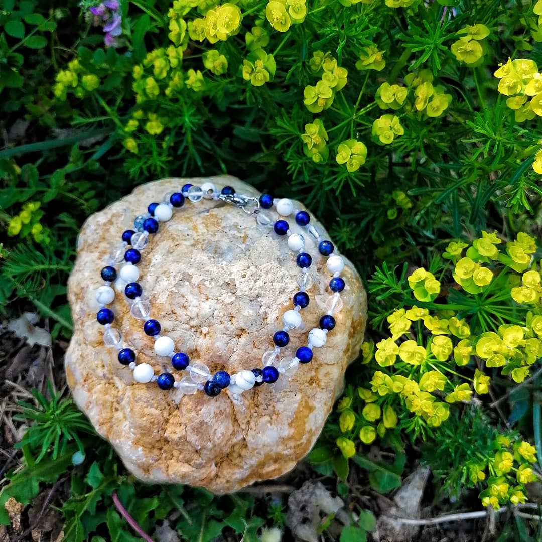 Collier Dialogue & Paix en Lapis lazuli, Howlite & Cristal de roche