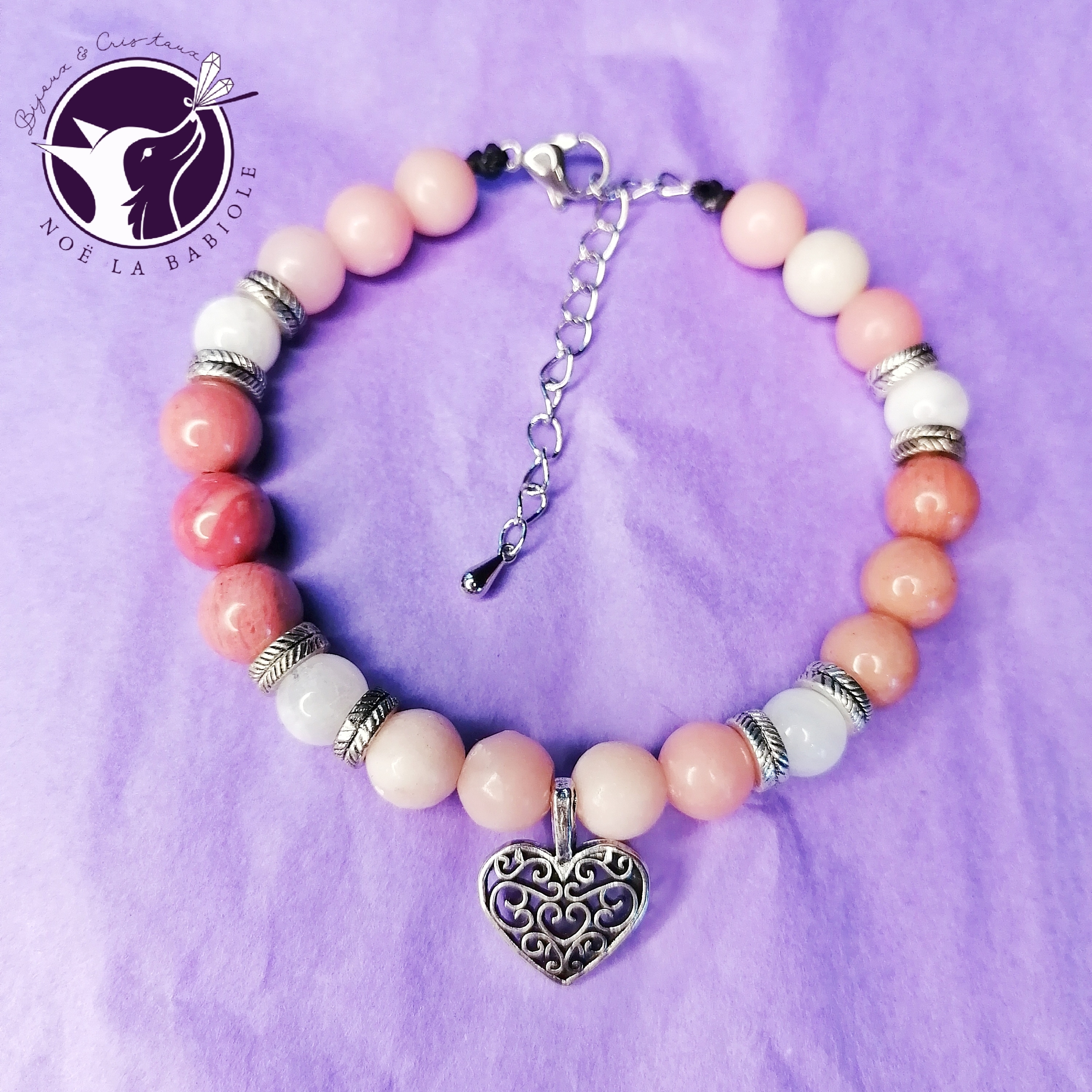 Bracelet « Aime toi » en Rhodonite, opale et pierre de lune