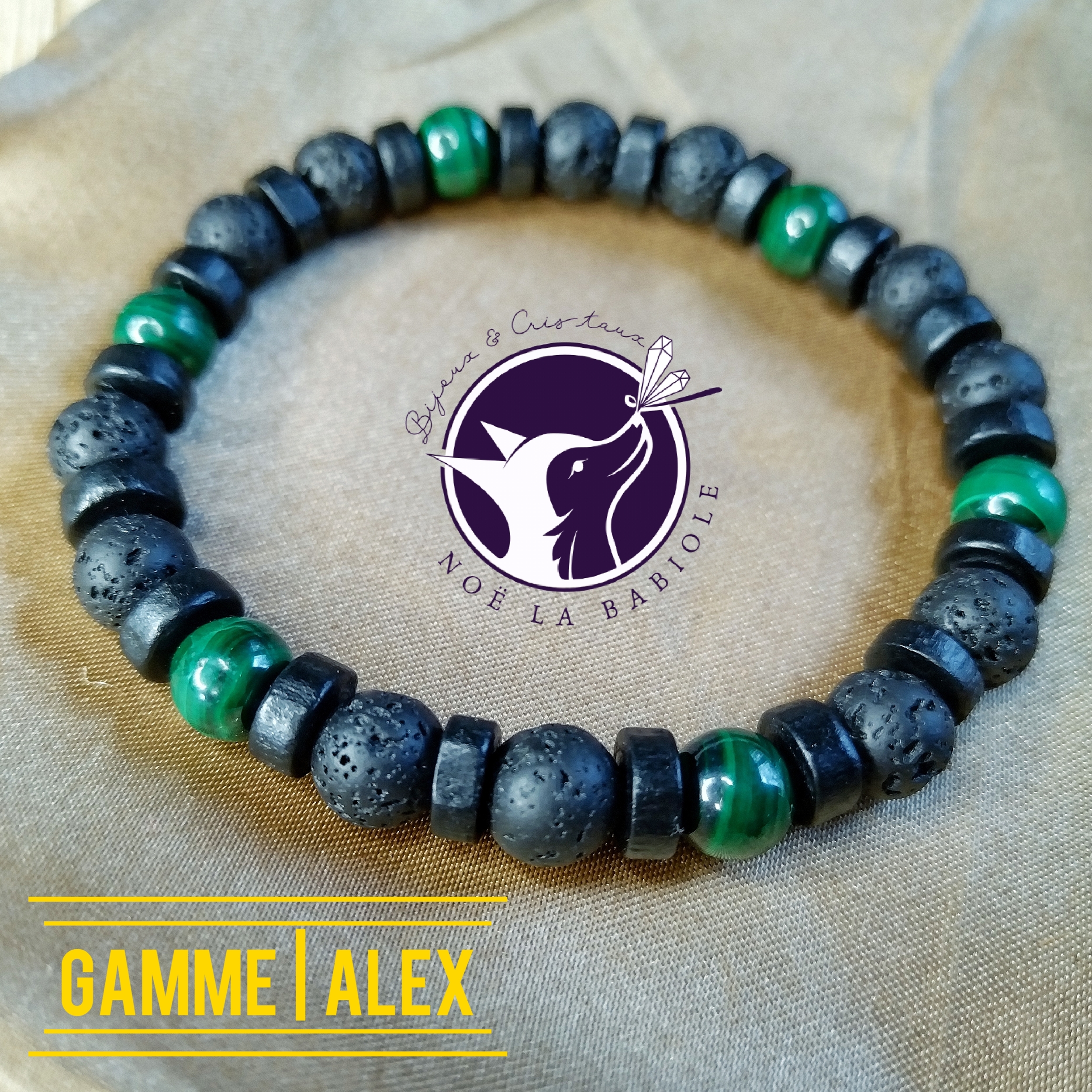 Bracelet Paix sur tes maux en Malachite & Pierre de lave | Gamme Alex |