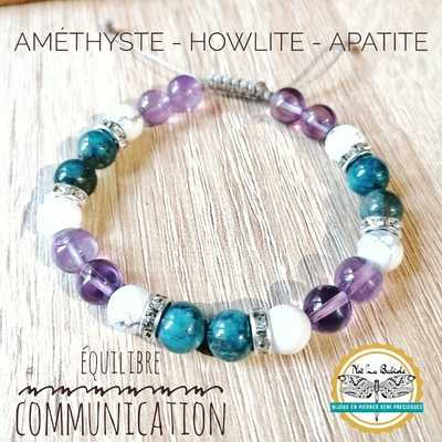Bracelet "Equilibre & Communication" en Améthyste, Howlite et Apatite