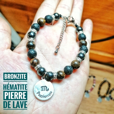 Bracelet spécial Scorpion ♏ en Bronzite, Pierre de lave & Hématite