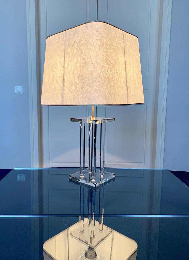 Lampe de salon vintage en verre acrylique et abat-jour en parchemin - David Lange