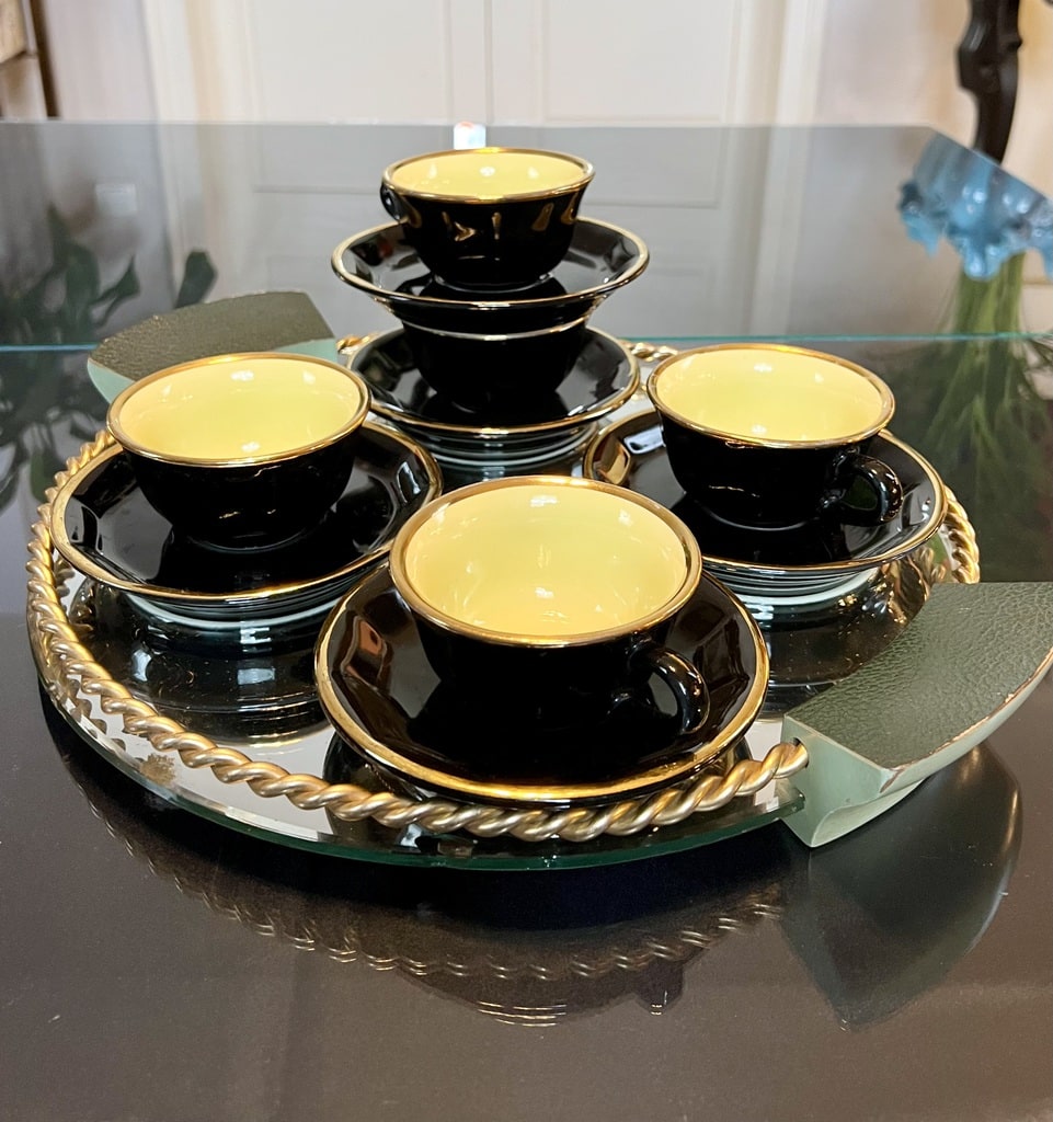 Tasses à thé vintage en porcelaine - Noir et jaune filets d\'or fin