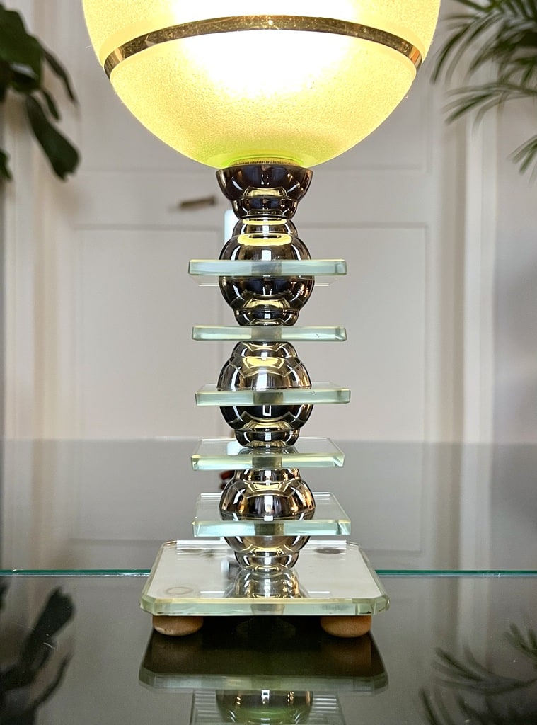 lampe-art-deco-moderniste-plaque-de-miroir-verre-chrome-globe-granite-vert-or-antquites-brocante-en-ligne