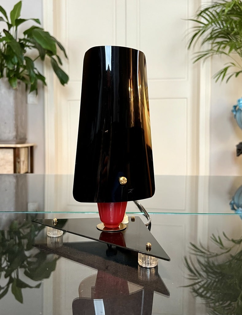 lampe-vintage-tripode-laiton-plastique-design-1950-luminaire-ancien-antiquites-brocante-en-ligne