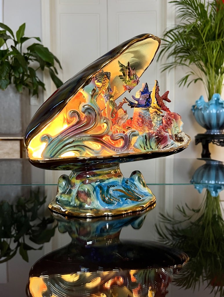 Lampe vintage - Veilleuse en céramique Vallauris - Coquillage poissons