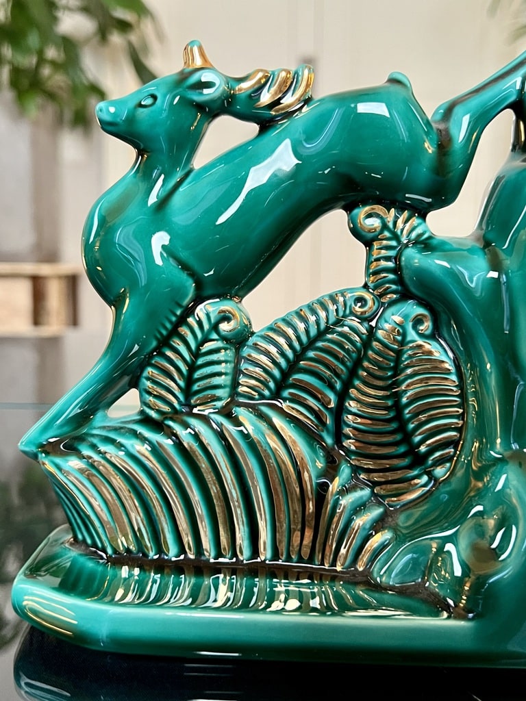 sculpture-animalier-art-deco-serre-libres-ceramique-vernissee-vert-et-or-brocante-en-ligne