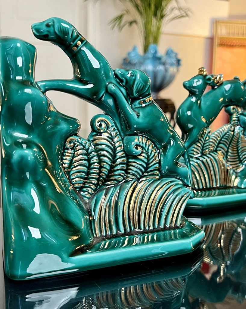 serre-livres-art-deco-animalier-ceramique-vernisse-vert-dore-antiquites-brocante