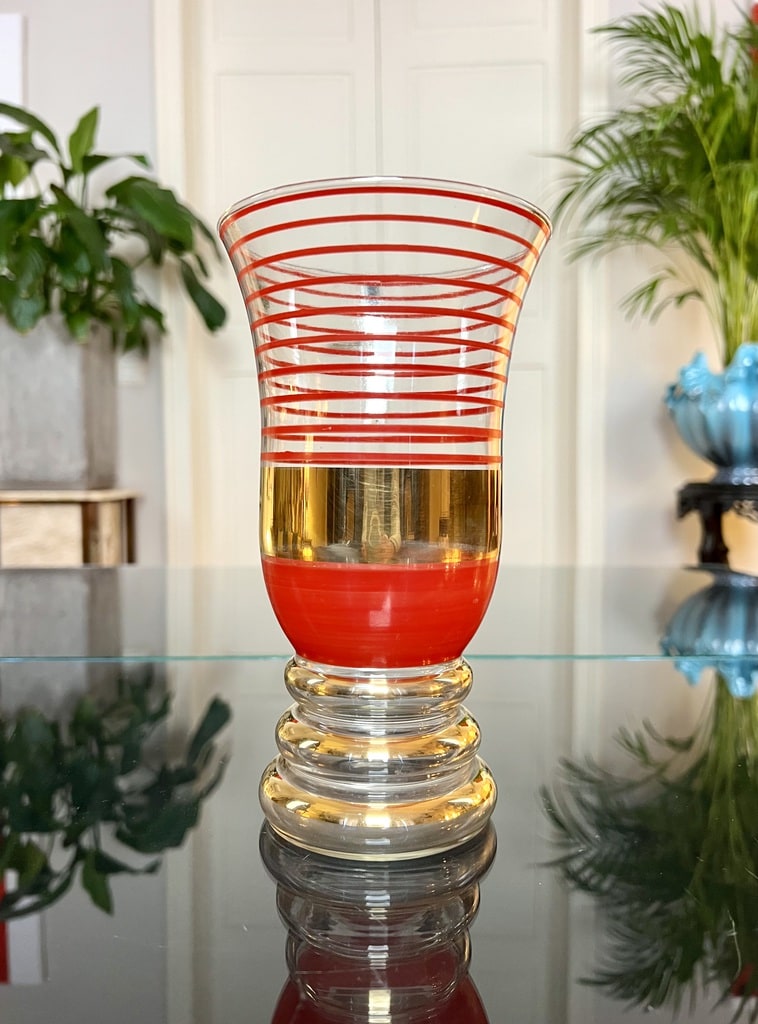 vase-vintage-deco-1960-verre-decor-filets-rouge-et-or-antiquites-brocante-en-ligne