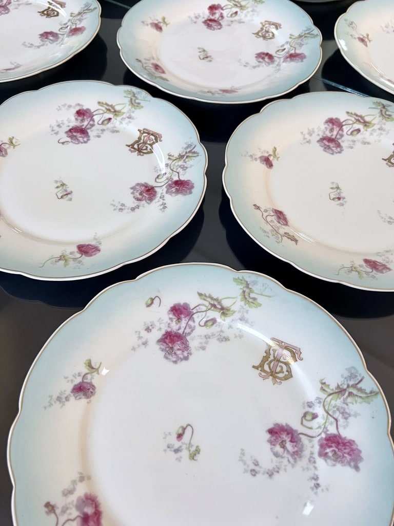 Lot D'assiettes à Dessert Vintage - Porcelaine - Motif Bouquet Champêtre Marron