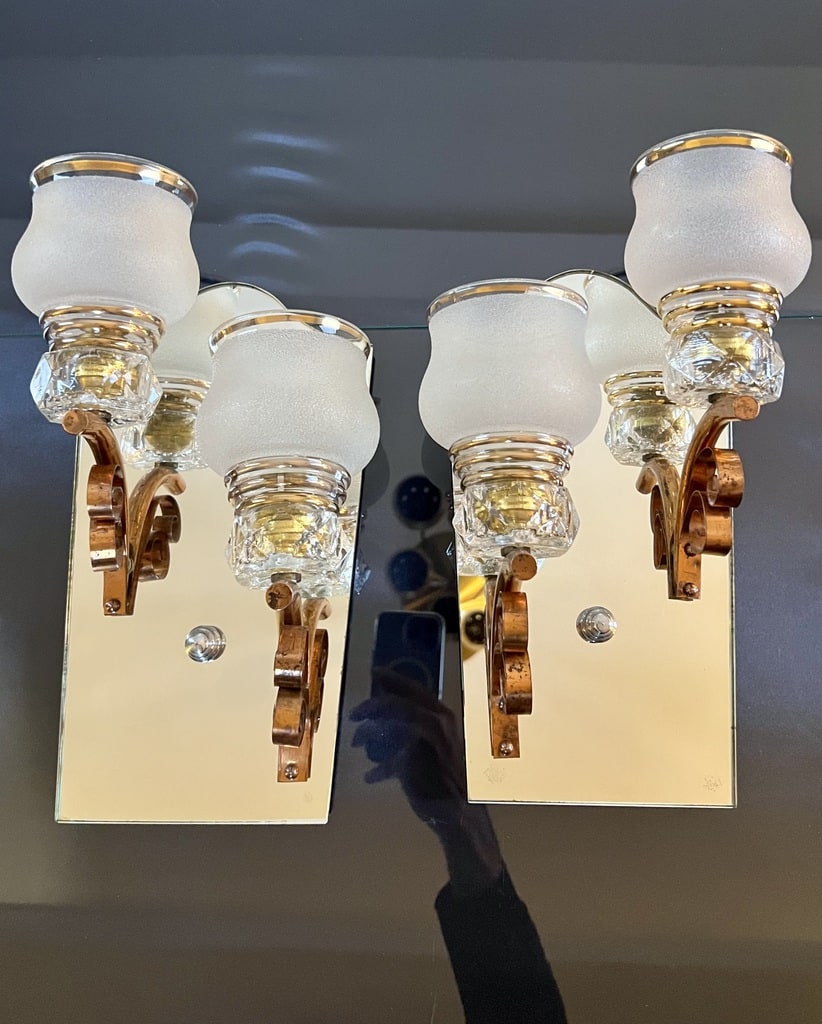 paire-appliques-murales-art-deco-miroir-tulipes-verre-granite-cuivre-luminaire-ancien-brocante-antiquaire