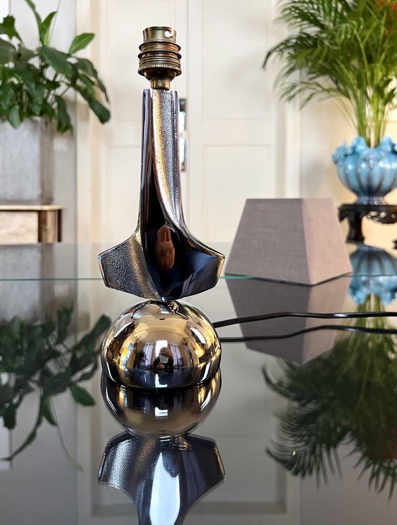 lampe-art-deco-style-moderniste-metal-chrome-abat-jour-textile-neuf-luminaires-anciens-brocante-vintage