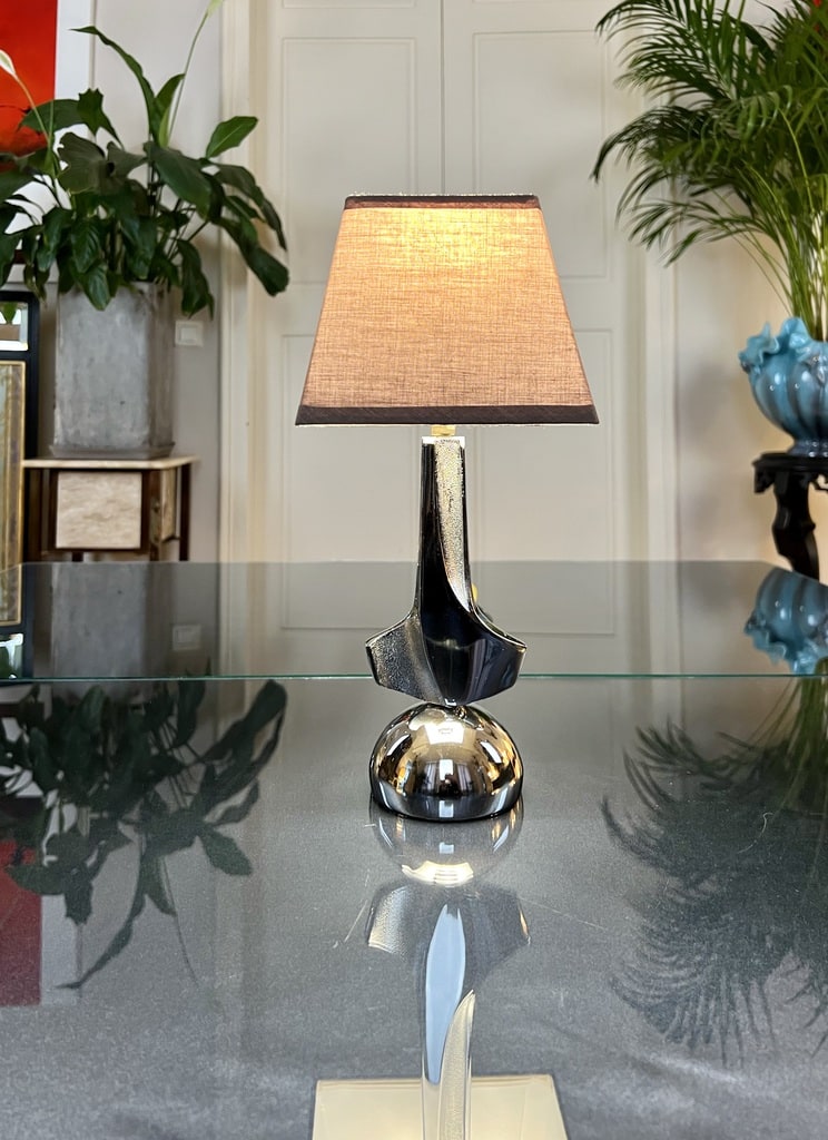lampe-art-deco-moderniste-en-metal-chrome-abat-jour-textile-brocante-vintage-antiquites