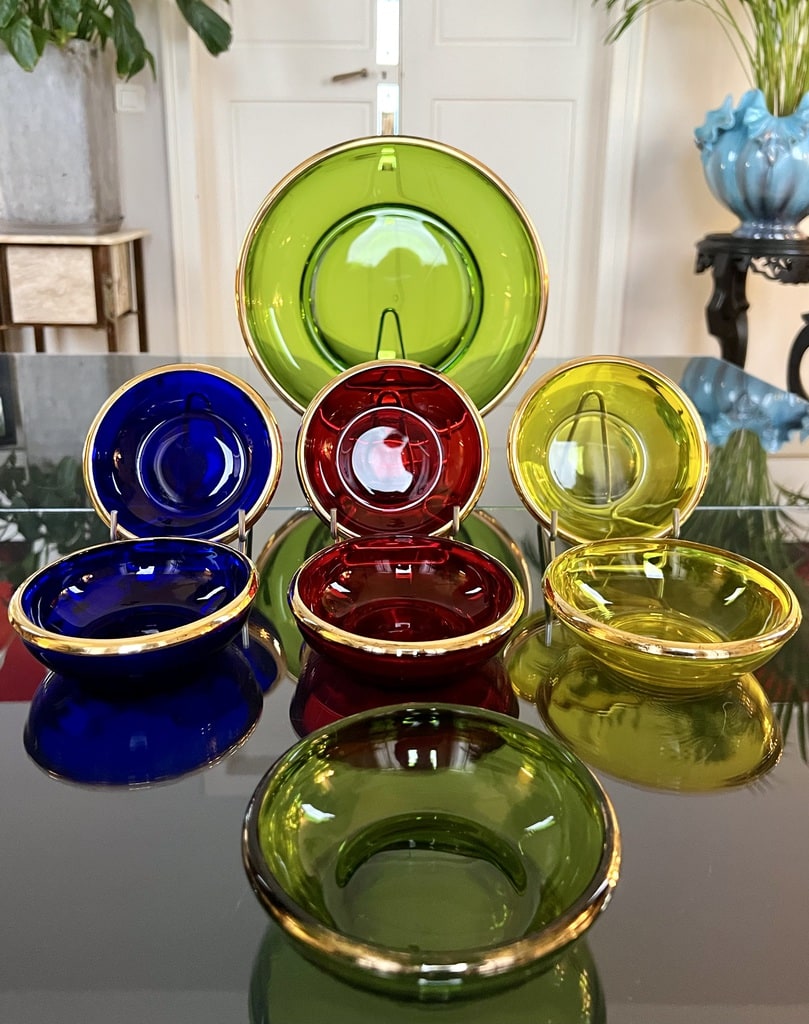 Service à Dessert En Verre Coloré Vintage Murano Années 70 - Occasion, Multicolore, Forme Carrée, Idéal Collection