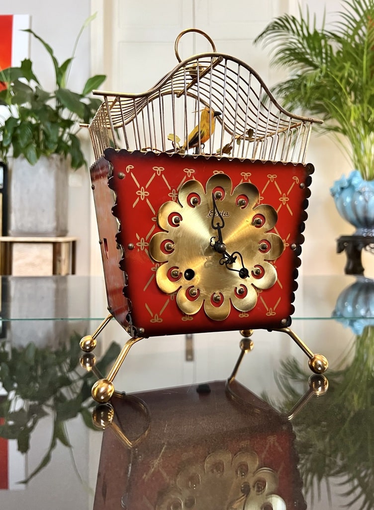 horloge-coucou-bois-laiton-oiseau-cage-pendule-vintage-brocante-antiquites