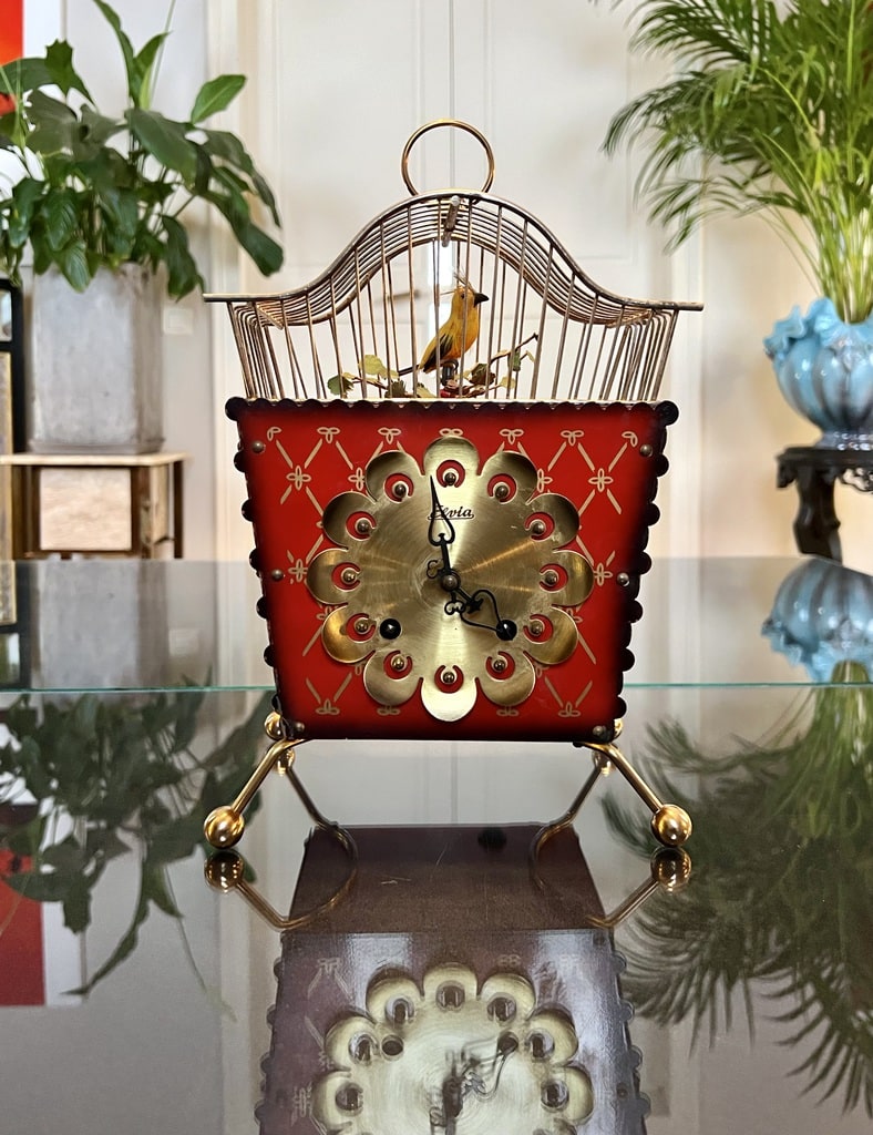 horloge-vintage-coucou-elvia-cage-oiseau-bois-laiton-brocante-antiquites