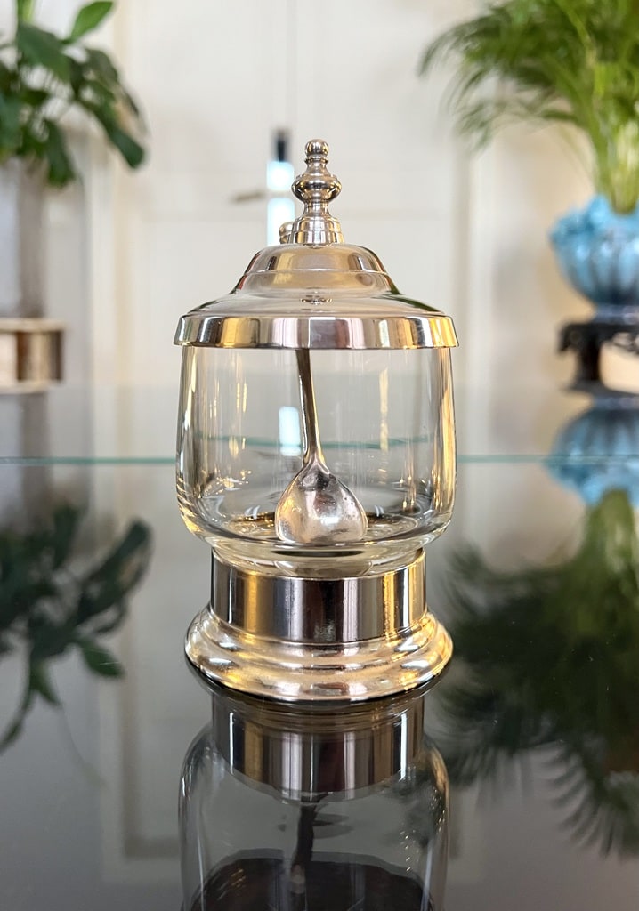 moutardier-ancien-en-verre-et-metal-vaisselle-vintage-condiments-brocante-antiquites