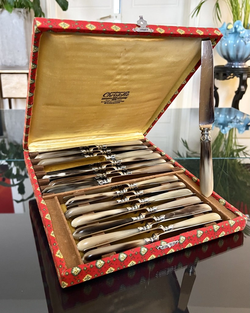 coffret-couteaux-anciens-corne-bovine-métal-argente-lame-inox-vaisselle-epoque-art-deco-brocante-antiquites