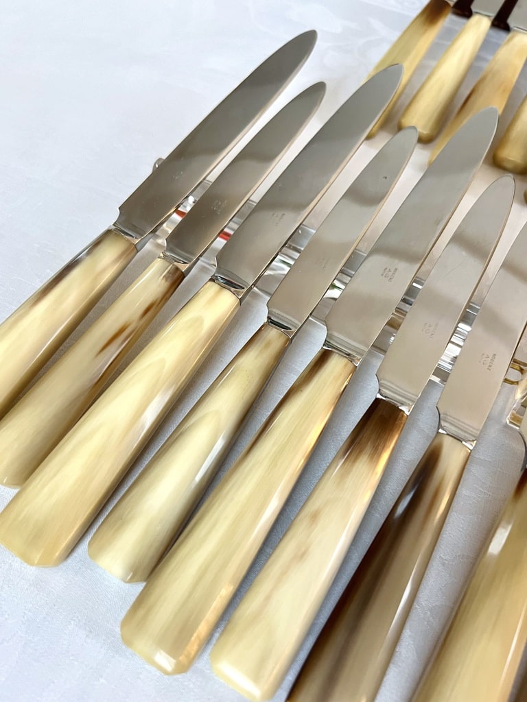 service-couteaux-anciens-art-deco-manche-corne-lame-inox-vaisselle-vintage-menagere-art-deco-brocante