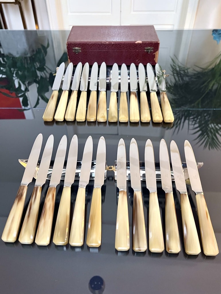 service-de-24-couteaux-anciens-manche-corne-lame-acier-inoxydable-couverts-epoque-art-deco-antiquites-brocante-20e-siecle