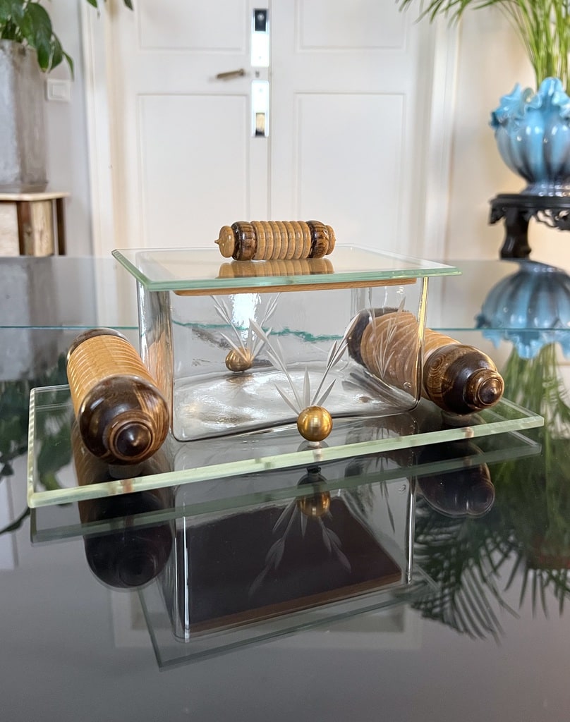 boite-a-biscuits-art-deco-verre-biseaute-et-bois-art-de-la-table-vaisselle-vintage-brocante-antiquites