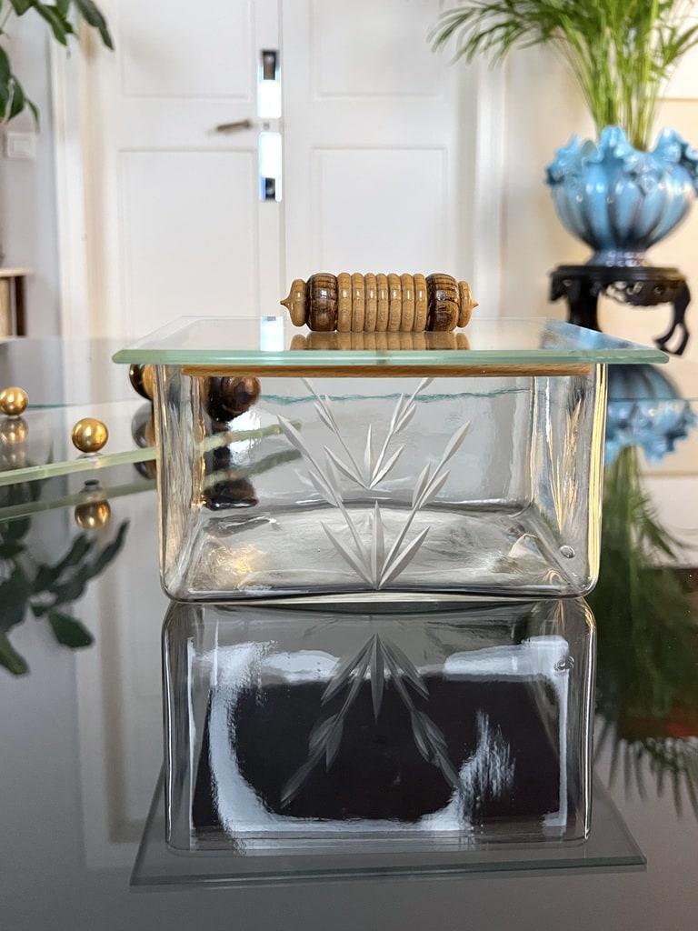 boite-a-biscuit-art-deco-verre-et-poignee-bois-at-de-la-table-ancien-cuisine-brocante-antiquites