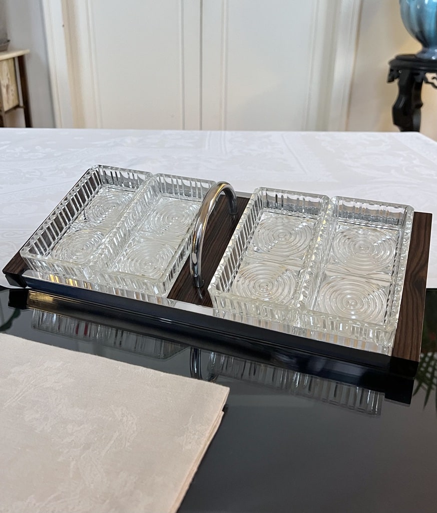 Plateau Apéritif Vintage Durinox – Style Art Déco, Miroir Verre & Bois, Inox