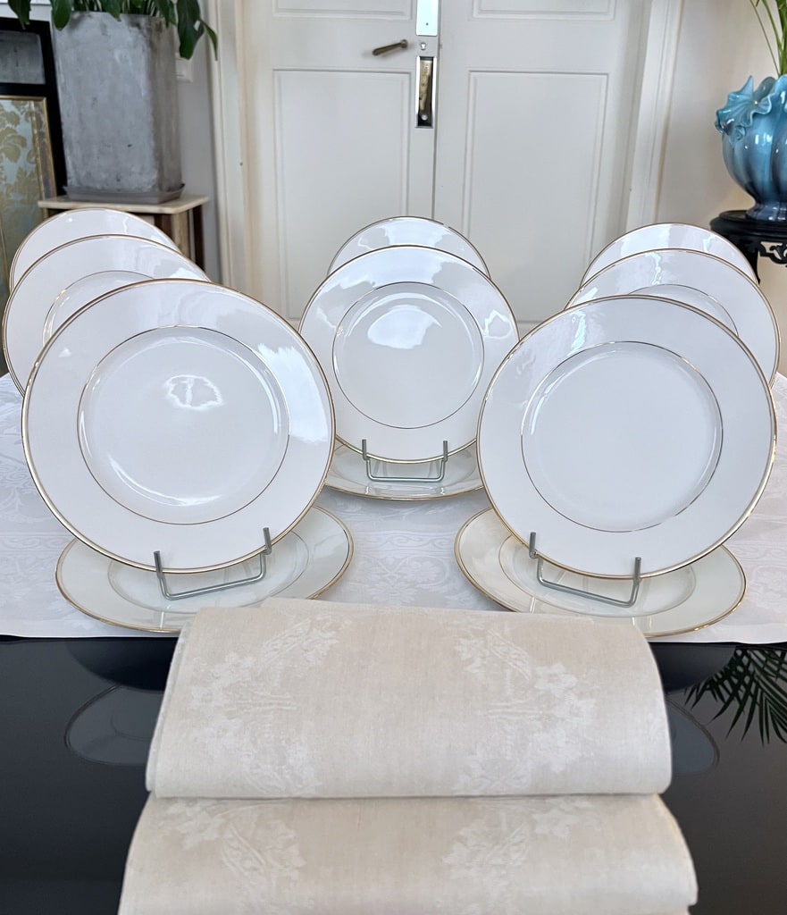 service-de-table-ancien-assiettes-a-dessert-porcelaine-de-limoges-vaisselle-blanche-filets-or-fin-art-de-la-table-brocante-antiquaire