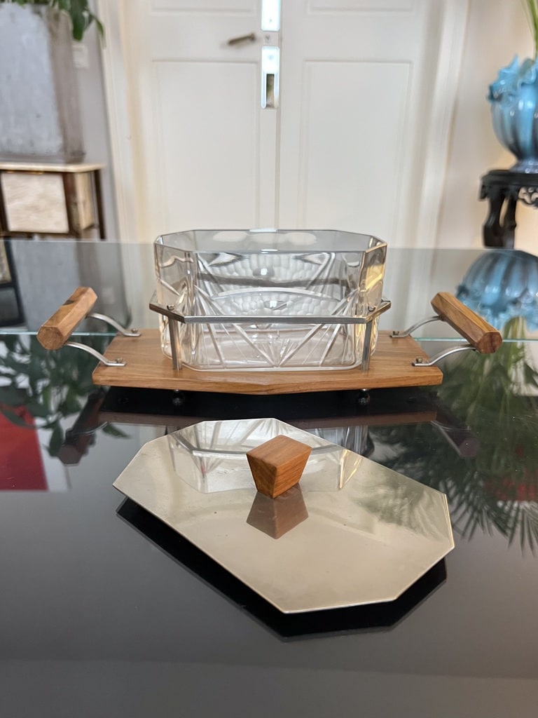 boite-a-biscuits-ancienne-bonbons-plateau-bois-verre-couvercle-metal-deco-vintage-1930-brocante-antiquites