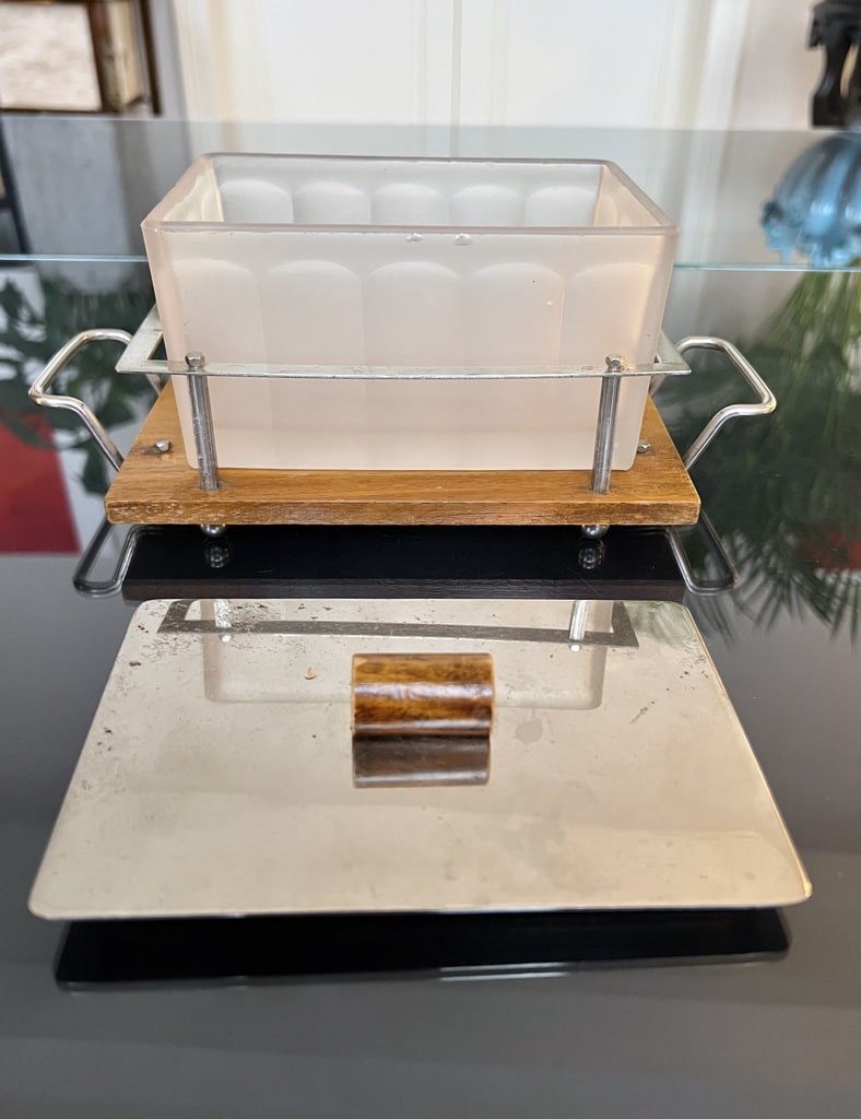 boite-art-deco-biscuits-gateaux-bonbons-verre-depoli-couvercle-metal-plateau-bois-brocante-antiquites
