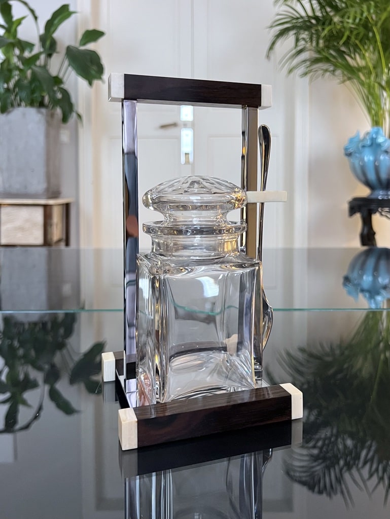 ebene-macassar-metal-chromé-et-pot-en-cristal-art-deco-moderniste-condiments-olives-cornichons-vaisselle-art-de-la-table-antiquaire-brocante