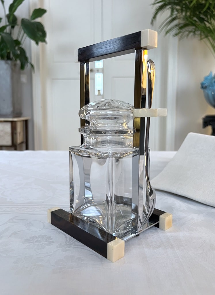 pot-en-cristal-plateau-bois-ebene-macassar-serviteur-art-deco-moderniste-vaisselle-vintage-brocante-antiquaire