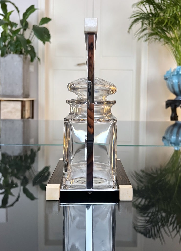 serviteur-art-deco-moderniste-aperitif-condiments-cristal-ebene-macassar-metal-chromé-vaisselle-vintage-1930-antiquaire-brocante