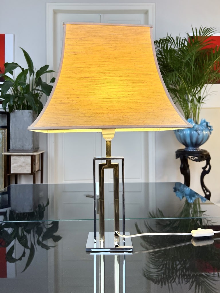 lampe-vintage-design-moderne-metal-chrome-abat-jour-textile-design-1980-luminaire-ancien-20e-siecle-brocante-antiquaire
