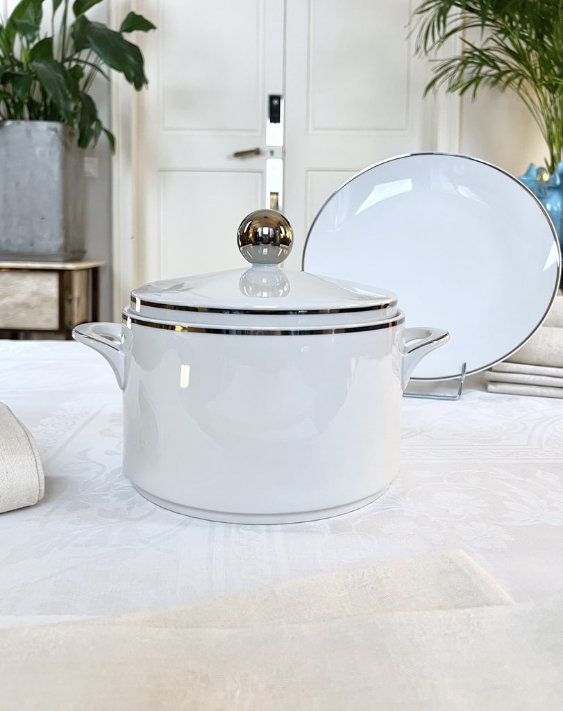 soupiere-et-plat-de-service-porcelaine-blanche-filet-argent-service-de-table-moderne-1970-brocante-antiquites-art-de-la-table