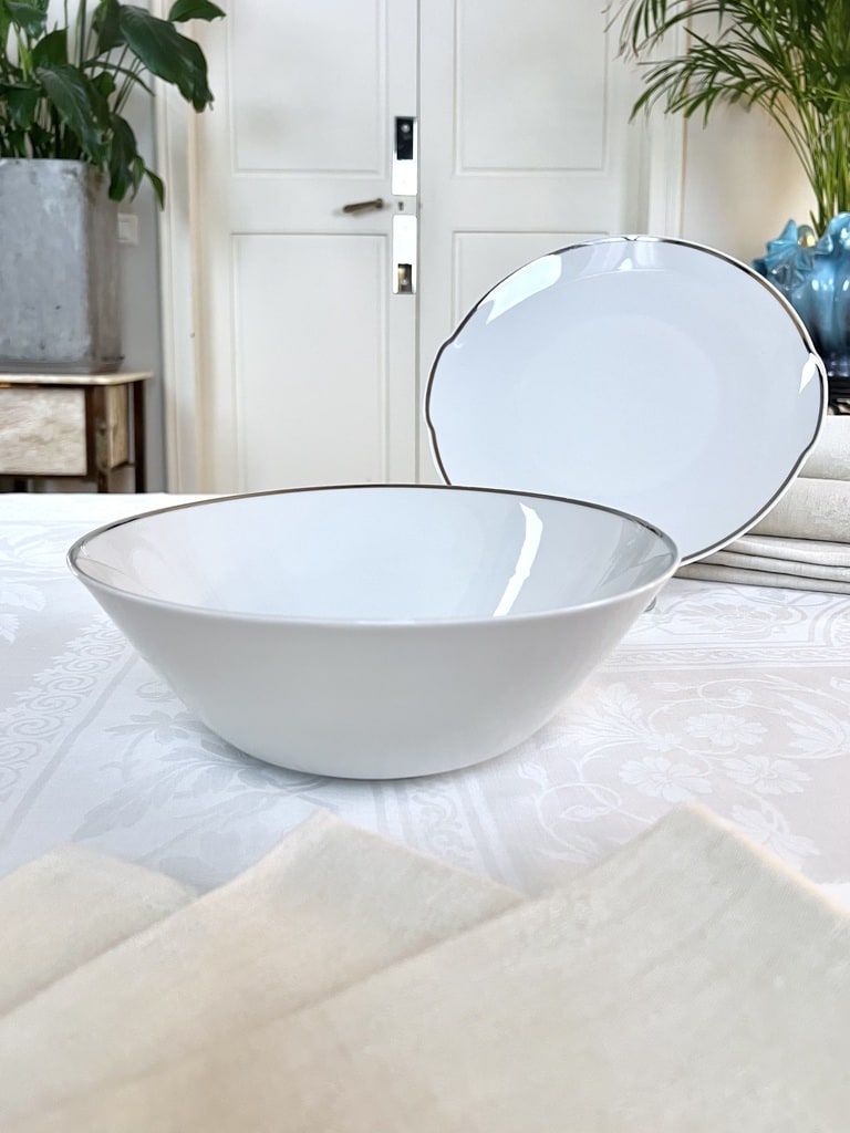 saladier-et-plat-a-tarte-porcelaine-blanche-filet-argent-style-moderne-1970-vaisselle-vintage-brocante-antiquaire-art-de-la-table
