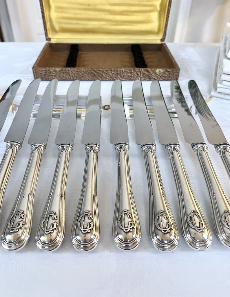 couteaux-manche-argent-emile-puiforcat-monogrammes-poincon-minerve-lames-inox-nogent-menagere-coffret-vaisselle-ancienne-antiquaire-france-brocante