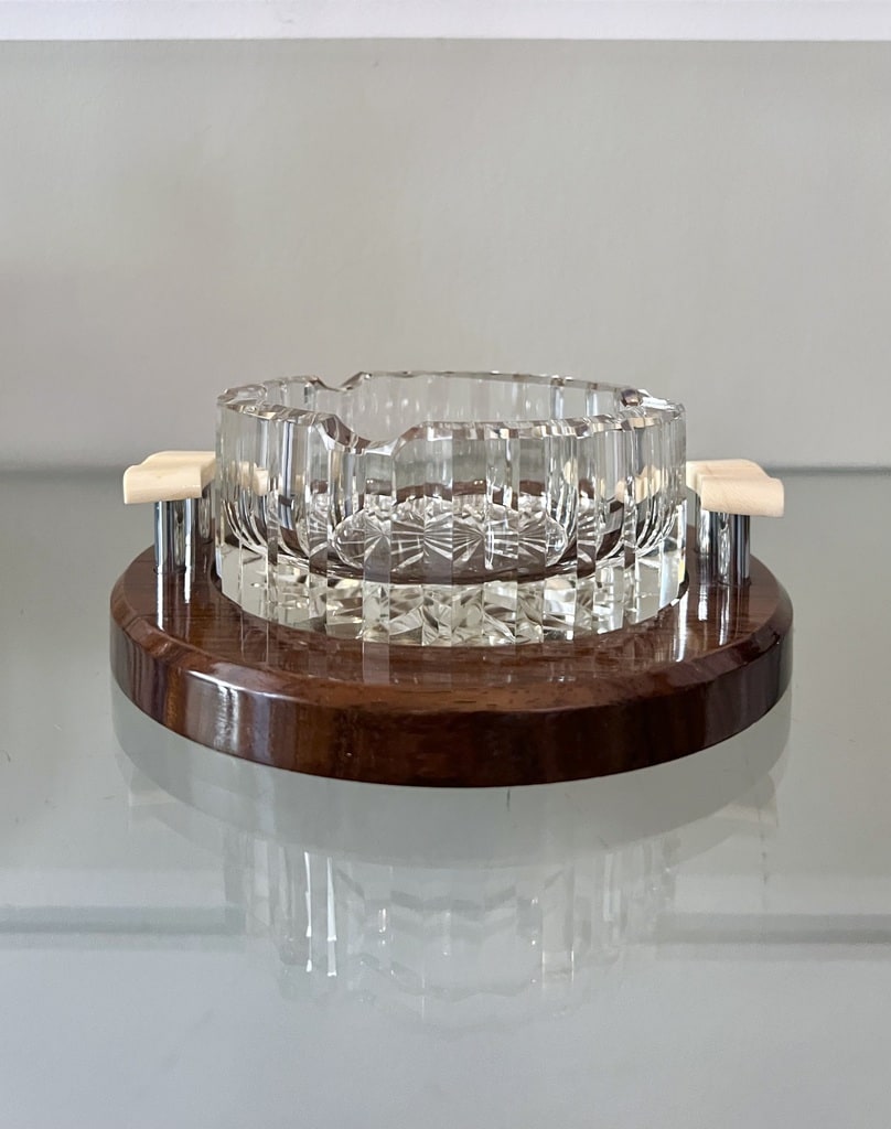 cendrier-art-deco-moderniste-cristal-bois-noyer-metal-chrome-ivoire-design-style-1930-antiquaire-decoration-interieure