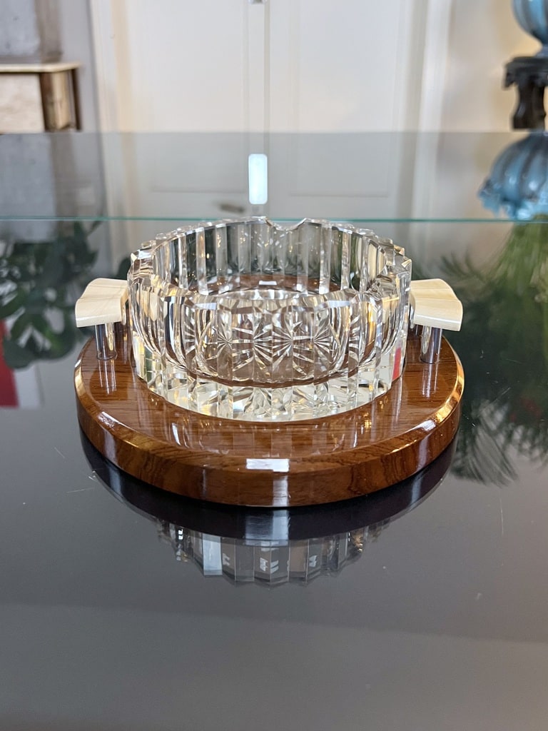 cendrier-art-deco-moderniste-necessaire-fumeur-style-1930-cristal-bois-noyer-ivoire-et-chrome-antiquaire-france-brocante