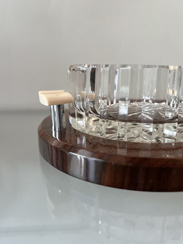 plateau-art-deco-moderniste-en-bois-vernis-poignees-ivoire-cendrier-cristal-antiquites-brocante-france