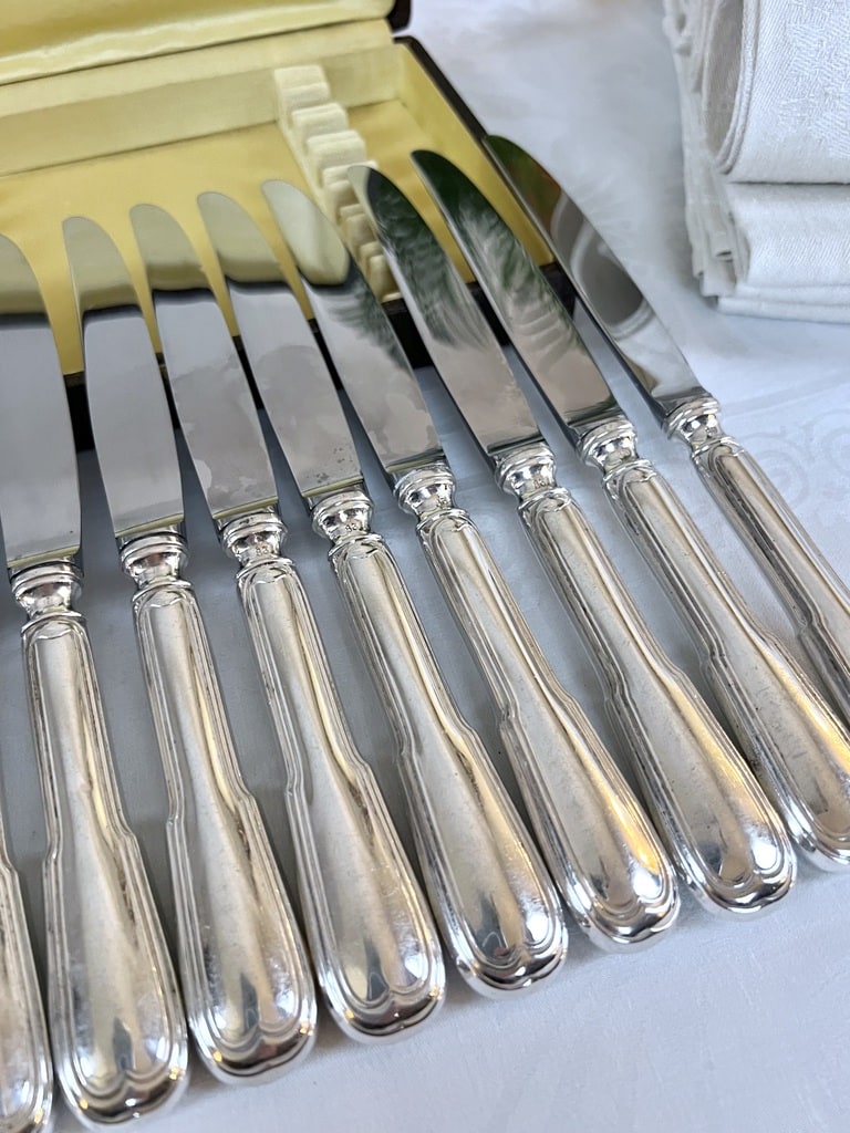 couteaux-entremets-modele-aux-filets-manche-metal-argente-lames-inox-argenterie-coffret-antiquaire-art-de-la-table-vaisselle-vintage