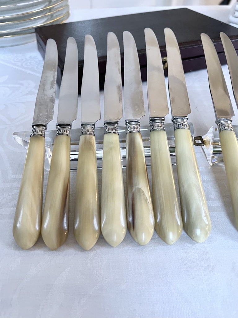 couteaux-entremets-art-deco-corne-bovine-acier-inoxydable-metal-argente-brocante-antiquaire-art-de-la-table-francais