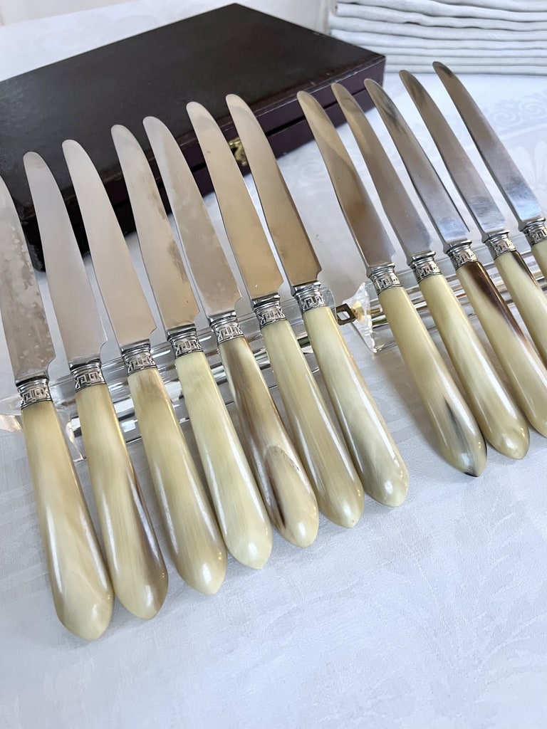 couteaux-entremets-art-deco-corne-bovine-inox-metal-argente-couverts-vintage-style-moderne-antiquaire-brocante