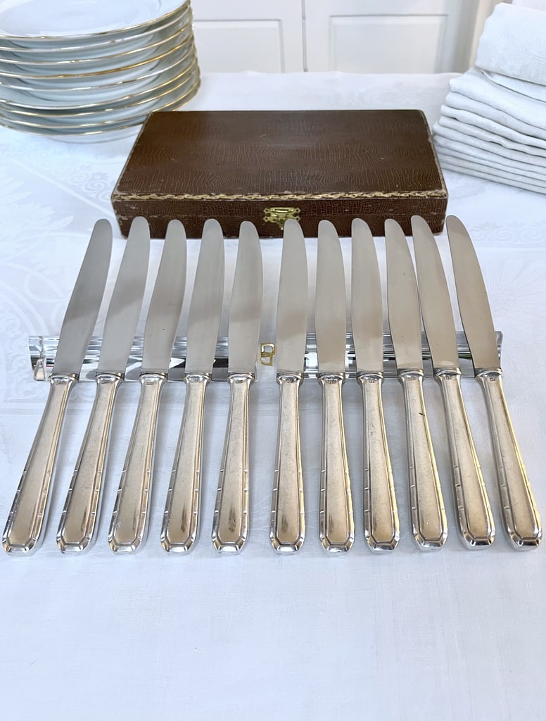 menagere-couteaux-anciens-christofle-manche-metal-alfenide-lames-inox-couverts-anciens-coffret-ecrin-antiquaire-brocante-vaisselle-vintage
