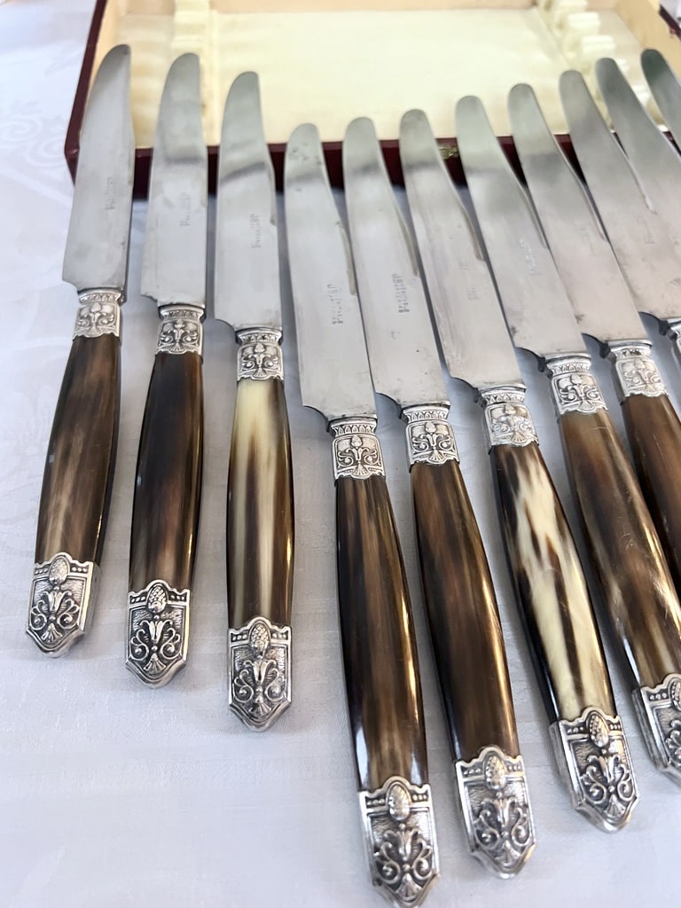 couteaux-de-table-art-deco-corne-bovine-lame-acier-viroles-metal-argente-couverts-vintage-vaisselle-brocante-antiquaire-france